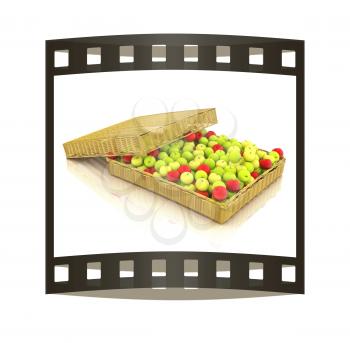 Wicker basket full of apples isolated on white