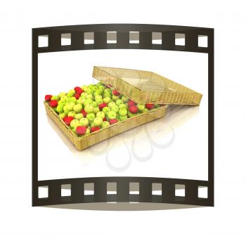 Wicker basket full of apples isolated on white