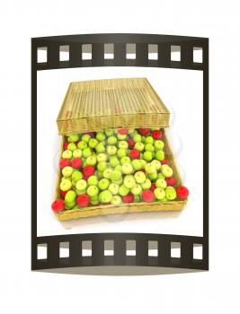 Wicker basket full of apples isolated on white