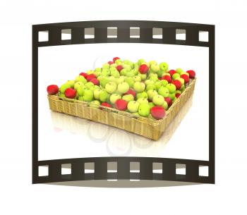 Wicker basket full of apples isolated on white