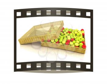 Wicker basket full of apples isolated on white