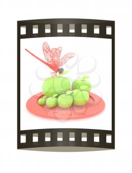 Dragonfly on apple on Serving dome or Cloche. Natural eating concept