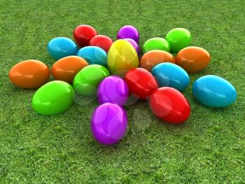 Colored Easter eggs as a flower on a green grass