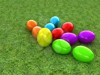 Colored Easter eggs as a flower on a green grass