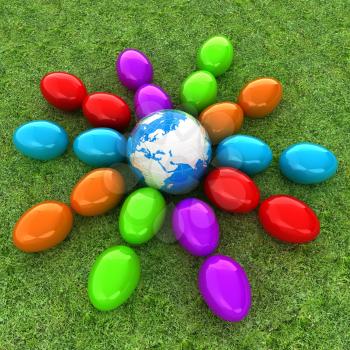 Colored Easter eggs as a flower on a green grass