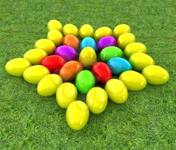 Colored Easter eggs as a flower on a green grass