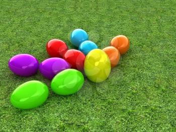 Colored Easter eggs as a flower on a green grass