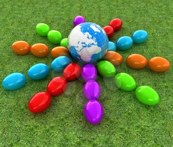 Colored Easter eggs around Earth on a green grass