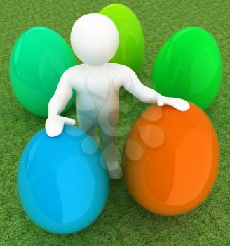 3d small person holds the big Easter egg in a hand. 3d image. On green grass