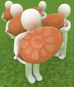 3d small persons holds the big Easter egg in a hand. 3d image. On green grass