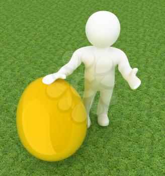 3d small person holds the big Easter egg in a hand. 3d image. On green grass