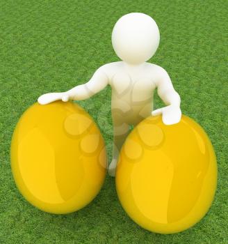 3d small person holds the big Easter egg in a hand. 3d image. On green grass