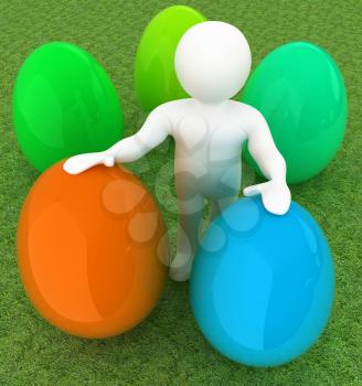 3d small person holds the big Easter egg in a hand. 3d image. On green grass