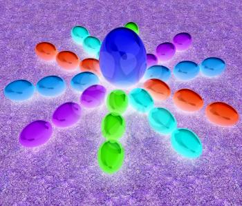 Colored Easter eggs as a flower and Big Easter Egg in the centre on a green grass