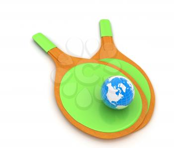 Rackets for playing table tennis and Earth. Global concept. 3D rendering