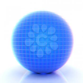 Abstract 3d sphere with blue mosaic design on a white background. 3D illustration. Anaglyph. View with red/cyan glasses to see in 3D.