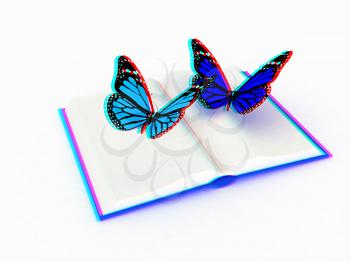 butterfly on a book on a white background. 3D illustration. Anaglyph. View with red/cyan glasses to see in 3D.