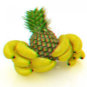 pineapple and bananas on a white background. 3D illustration. Anaglyph. View with red/cyan glasses to see in 3D.