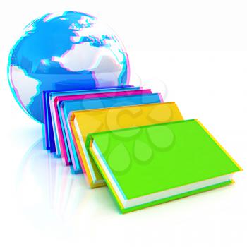 colorful real books and Earth. Anaglyph. View with red/cyan glasses to see in 3D. 3D illustration