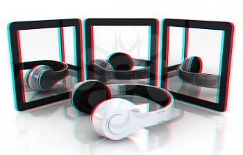 phone and headphones on a white background. 3D illustration. Anaglyph. View with red/cyan glasses to see in 3D.