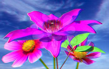 Beautiful Cosmos Flower against the sky. 3D illustration. Anaglyph. View with red/cyan glasses to see in 3D.