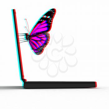 butterfly on a notebook on a white background. 3D illustration. Anaglyph. View with red/cyan glasses to see in 3D.