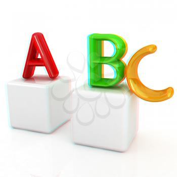 alphabet and blocks on a white background. 3D illustration. Anaglyph. View with red/cyan glasses to see in 3D.