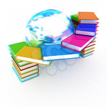 Colorful books and earth on a white background. 3D illustration. Anaglyph. View with red/cyan glasses to see in 3D.