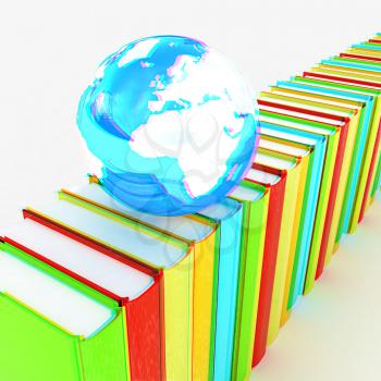 Colorful books and earth on a white background. 3D illustration. Anaglyph. View with red/cyan glasses to see in 3D.