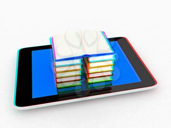 tablet pc and colorful real books on white background. 3D illustration. Anaglyph. View with red/cyan glasses to see in 3D.