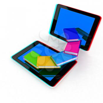 tablet pc and colorful real books on white background. 3D illustration. Anaglyph. View with red/cyan glasses to see in 3D.