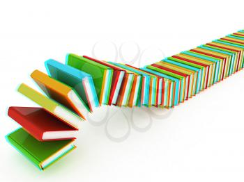 colorful real books on a white background. 3D illustration. Anaglyph. View with red/cyan glasses to see in 3D.