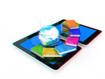 tablet pc and earth with colorful real books  on white background. 3D illustration. Anaglyph. View with red/cyan glasses to see in 3D.