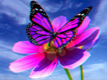 Beautiful Cosmos Flower and butterfly against the sky. Anaglyph. View with red/cyan glasses to see in 3D. 3D illustration