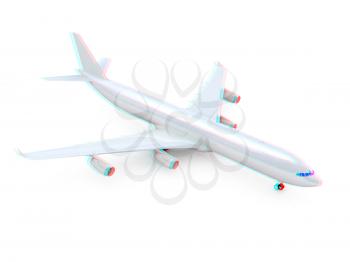 White airplane on a white background. 3D illustration. Anaglyph. View with red/cyan glasses to see in 3D.