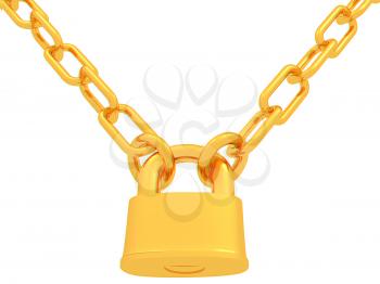 gold chains and padlock isolation on white background - 3d illustration. 3D illustration. Anaglyph. View with red/cyan glasses to see in 3D.