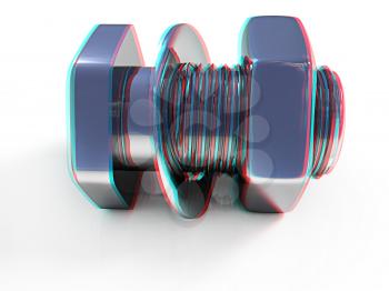 stainless steel bolts with a nuts and washers on white. 3D illustration. Anaglyph. View with red/cyan glasses to see in 3D.