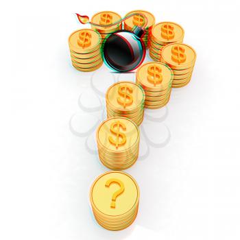 Question mark in the form of gold coins with dollar sign and black bomb burning on a white background. 3D illustration. Anaglyph. View with red/cyan glasses to see in 3D.