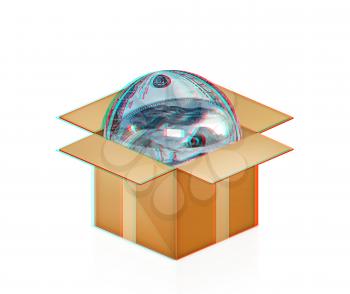 Sphere from dollar in cardboard box on a white background. 3D illustration. Anaglyph. View with red/cyan glasses to see in 3D.
