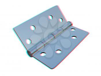 assembly metal hinges on a white background. 3D illustration. Anaglyph. View with red/cyan glasses to see in 3D.