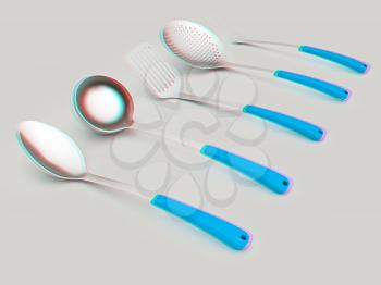 cutlery on a light gray background. 3D illustration. Anaglyph. View with red/cyan glasses to see in 3D.