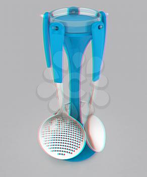 cutlery on a light gray background. 3D illustration. Anaglyph. View with red/cyan glasses to see in 3D.