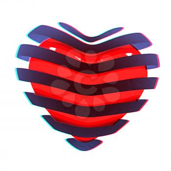 3d beautiful red glossy heart of the bands on a white background. 3D illustration. Anaglyph. View with red/cyan glasses to see in 3D.