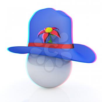 Blue hat on a blue hat with fantastic flower on white background. 3d. 3D illustration. Anaglyph. View with red/cyan glasses to see in 3D.