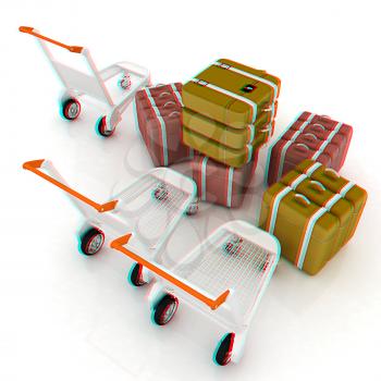 Trolley for luggage at the airport and luggage. 3D illustration. Anaglyph. View with red/cyan glasses to see in 3D.