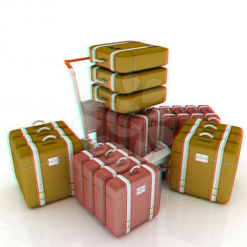 Trolley for luggage at the airport and luggage. 3D illustration. Anaglyph. View with red/cyan glasses to see in 3D.