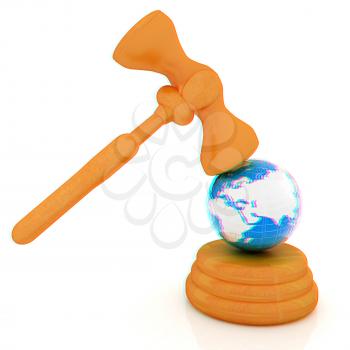 Wooden gavel and earth isolated on white background. Global auction concept. 3D illustration. Anaglyph. View with red/cyan glasses to see in 3D.