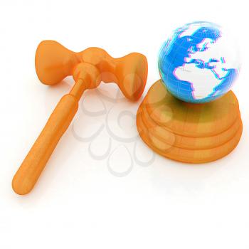 Wooden gavel and earth isolated on white background. Global auction concept. 3D illustration. Anaglyph. View with red/cyan glasses to see in 3D.