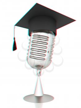 New 3d concept of education with microphone and graduation hat. 3D illustration. Anaglyph. View with red/cyan glasses to see in 3D.