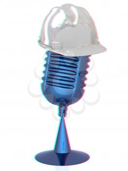 New 3d concept of technology education with microphone and hard hat. 3D illustration. Anaglyph. View with red/cyan glasses to see in 3D.